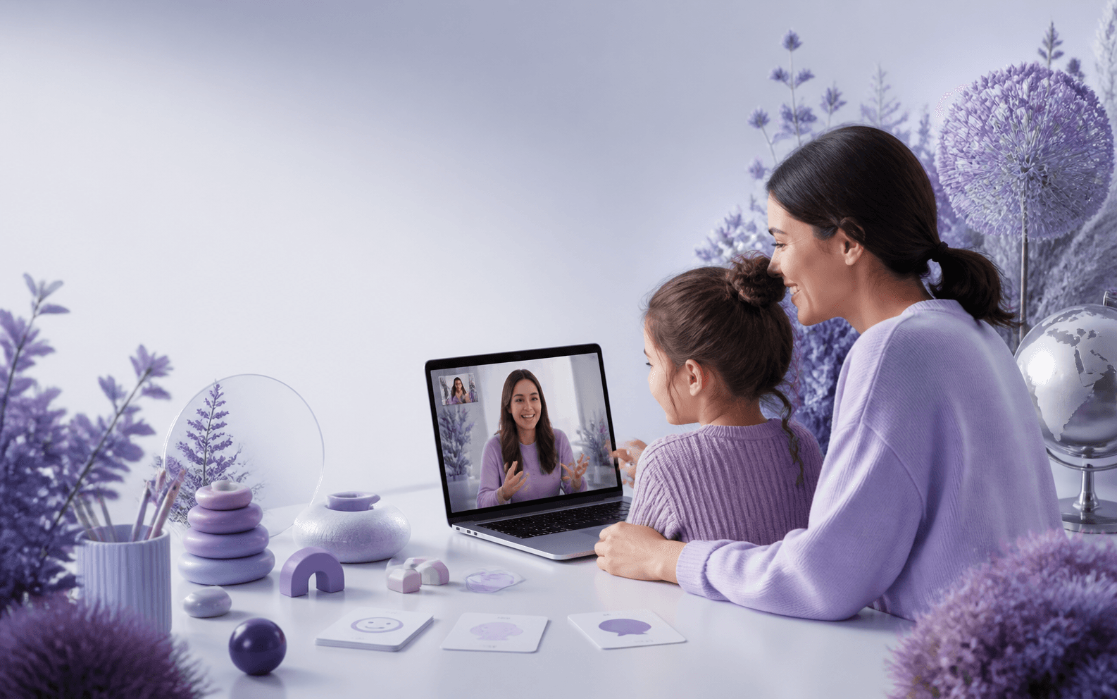 A parent and child joining a calm online therapy session at home