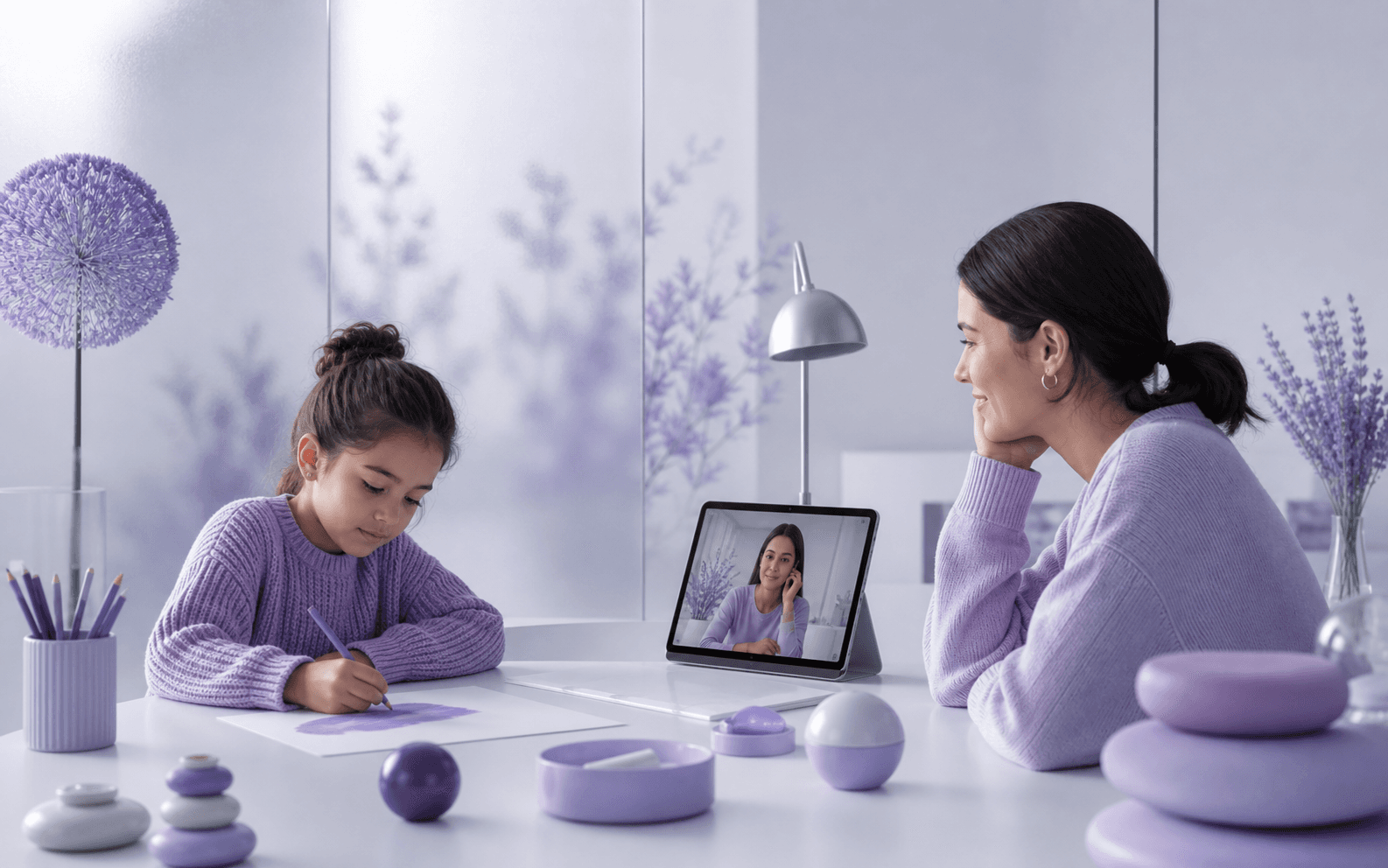 A child drawing while a caregiver and online therapist listen