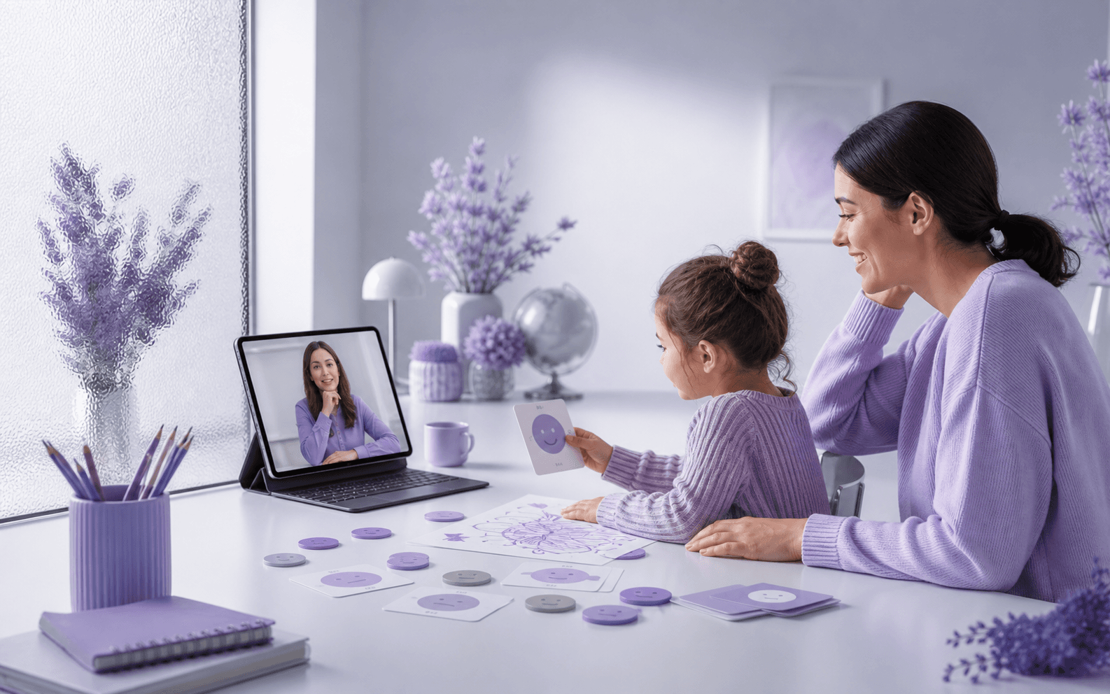 A child drawing feelings cards during a calm online psychology session