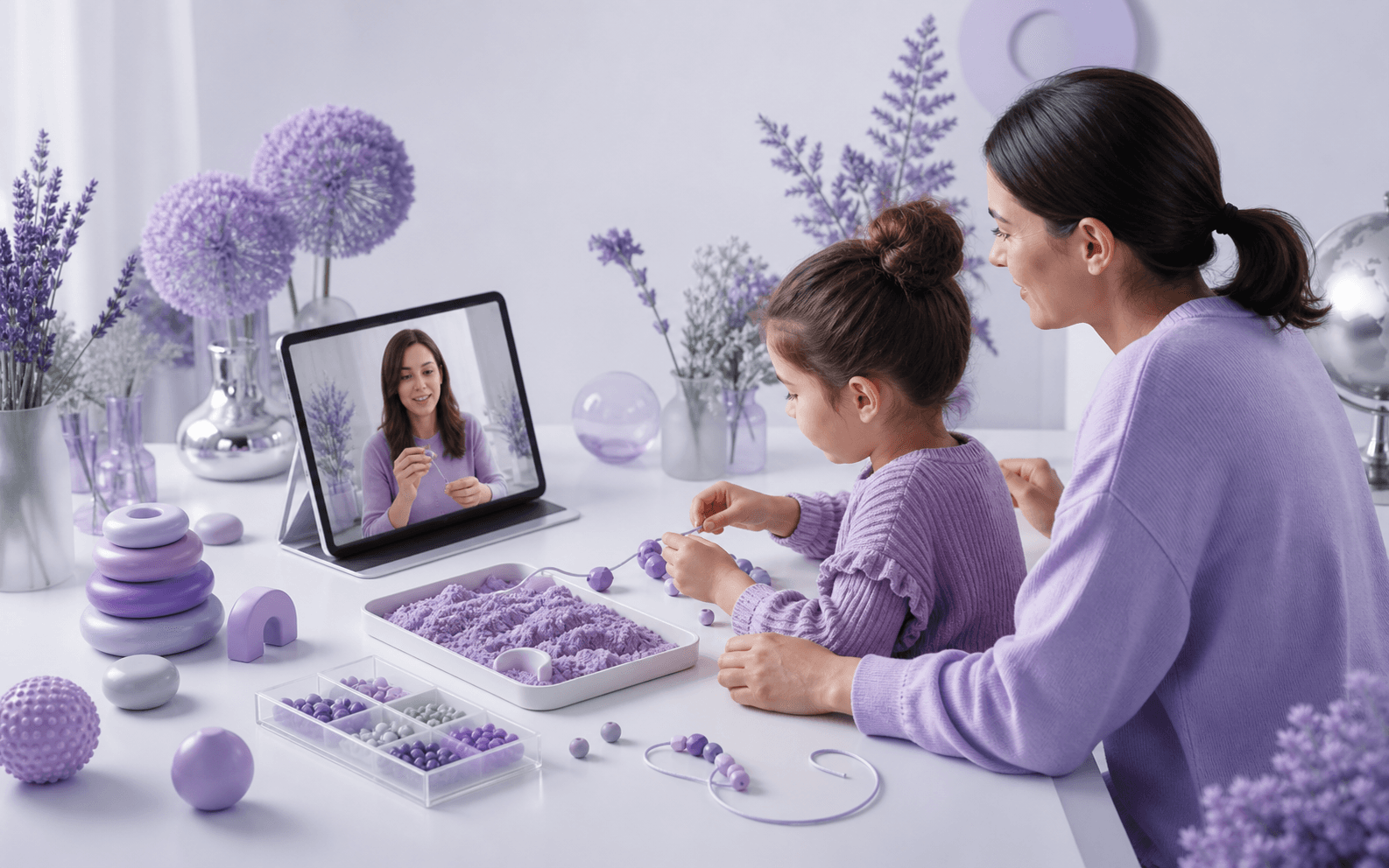 A child practicing fine motor skills with sensory materials during online occupational therapy