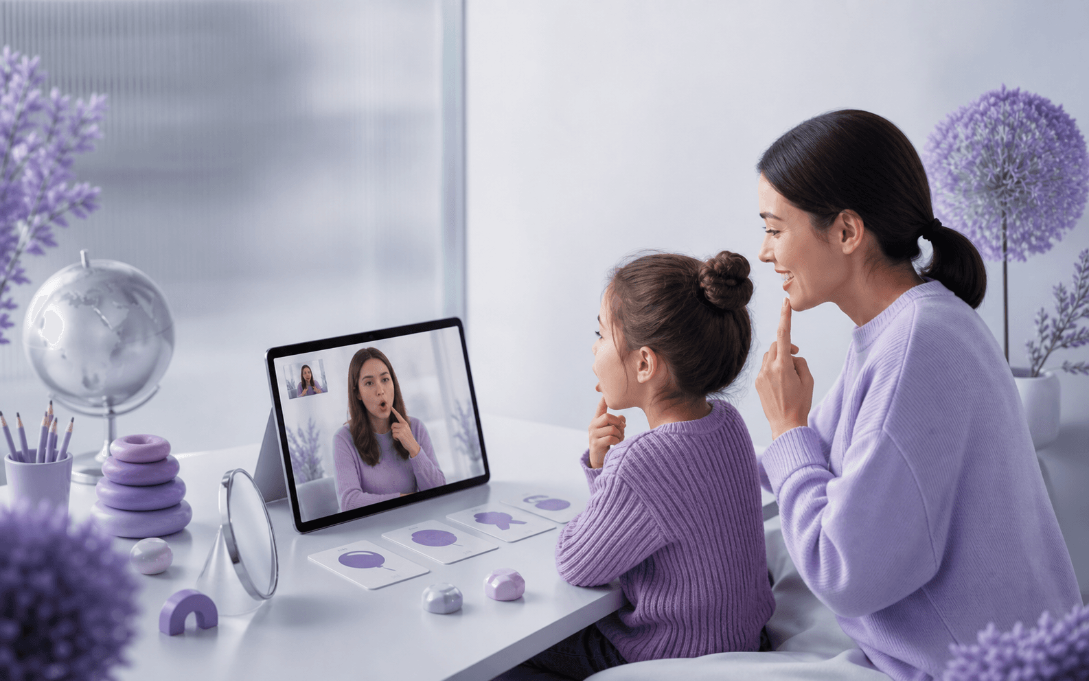 A child practicing speech sounds during an online therapy session
